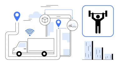 GPS işaretleyicili kamyonet, akıllı telefon, kablosuz sinyaller, performans simgesi ve grafik çubukları. Lojistik, ulaşım, tedarik zinciri teknolojisi, analitik büyüme çözümleri haritalamak için ideal. Basit.