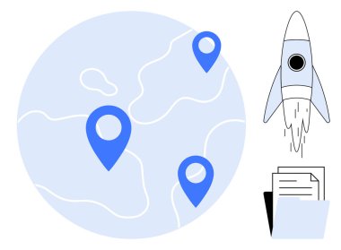 Dünya haritasında mavi lokasyon iğneleri, roket fırlatma ve belge yığını. Seyahat, büyüme, keşif, küresel strateji, planlama yeniliği ve başlangıç başarısı için idealdir. Basit düz metafor
