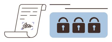 İmzalı belge ve şifrelemeyi, veri gizliliğini ve dosya paylaşımını temsil eden üç asma kilit. Veri koruması, siber güvenlik, dijital sözleşmeler, anlaşmalar, uyum, güvenlik için ideal
