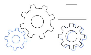 Siyah ve mavi asgari hatlarda birbirine bağlı üç vites, takım çalışması, yenilik ve süreçleri temsil ediyor. İş, teknoloji, mühendislik, sistemler, işbirliği stratejisi için ideal