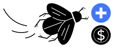 Siyah sinek mavi haç ve dolar simgeleriyle hareket ediyor. Sağlık, finans, büyüme, tasarruf, mecazi zorluklar, yenilik ve eğitim için idealdir. Basit bir düz metafor.