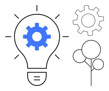 Dişli ampul yeniliği sembolize eder, sürdürülebilirlik için ağaç, teknoloji için dişli çarklar. Yaratıcılık, teknoloji, çevre, ilerleme, problem çözen enerji ekip çalışması için idealdir. Basit.