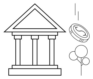 Sütunlu yapı bankacılığı simgeliyor, ekonomi için düşen madeni para ve büyüme ve denge için küçük ağaç. Finans, ekonomi, istikrar, büyüme, yatırım, zenginlik ve tasarruf temaları için ideal