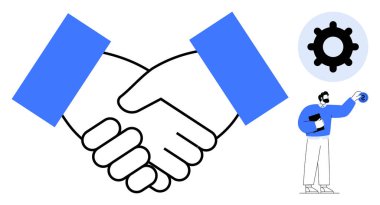 Anlaşmayı ve işbirliğini sembolize eden tokalaşma, verimlilik için vites simgesi, takım çalışması için objeleri olan kişi. İş için ideal, takım çalışması, anlaşma, işbirliği, ortaklıklar, verimlilik desteği