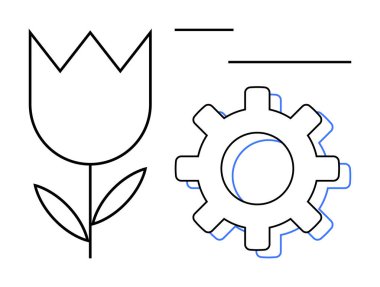 Soyut çizgileri olan bir dişlinin yanında stilize lale izi var. Yenilik için ideal, sürdürülebilirlik, eko-teknoloji, otomasyon, büyüme, denge, ilerleme. Basit düz metafor