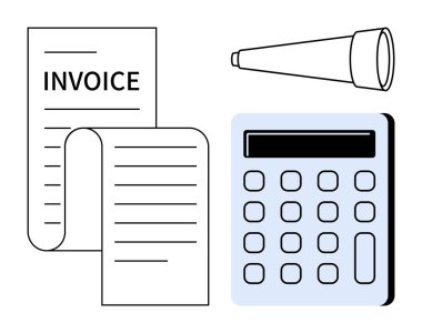 Fatura kağıdı, hesap makinesi ve dürbün bütçe, finansal analiz, tahmin ve karar verme konularını vurguluyor. İş için ideal, muhasebe planlama stratejisi vizyon girişimciliği. Basit.