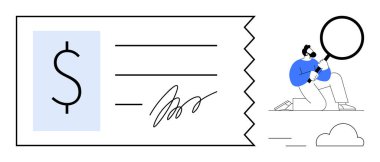 Elinde büyüteç olan bir adam dolar işareti ve imzalı bir banknotu yakından inceliyor. Finans, denetleme, gider takibi, bütçe planlaması, muhasebe, ödeme, problem çözme için ideal. Basit.