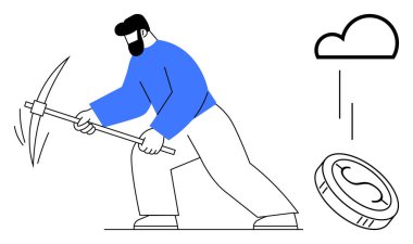 Mavi gömlekli bir adam kazma tutuyor, dijital bir bulut havada süzülürken yere vuruyor. Konseptler için ideal engelleme zinciri, kripto para birimi, teknoloji, yatırım, yenilik, dijital