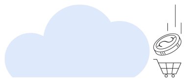 Büyük bulut şekli, alışveriş arabasının içine para düşmesi, online alışverişi, dijital ödemeleri veya bulut ticaretini sembolize ediyor. E-ticaret, fintech, bulut çözümleri, perakende ve yenilik için ideal