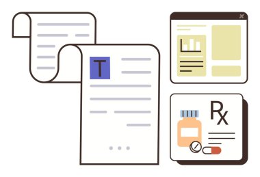Tıbbi reçete, rulo belge ve tarayıcı pencere paneli. Sağlık, ilaç, dijital kayıtlar, çevrimiçi hizmetler, belge yönetimi, teknoloji basit düz metafor