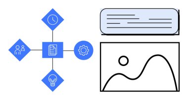 İnsanları, görevleri, saati, fikirleri ve çarkıfeleği merkezde bir belgeyle birbirine bağlayan diyagram. Komşu çizelge ve metin bloğu. Takım çalışması, planlama, organizasyon verimliliği stratejisi yaratıcılığı için ideal