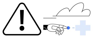 Dijital bir haçı işaret eden robot el, solunda ünlem işareti olan uyarı üçgeni, yukarıda minimalist bulut. Teknoloji, yenilik, sağlık, yapay zeka, güvenlik ve gelecekteki dijital sistemler için ideal