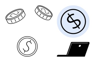 Bozuk paralar, dolar işaretleri ve dizüstü bilgisayarda finansal yönetim, çevrimiçi bankacılık ve tasarruf temaları vurgulanıyor. İş, yatırım, bankacılık, dijital ekonomi fintech para birimi ve para kavramları için ideal