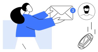 Bildirimli rozetli bir zarf tutan kadın, kullanıcı profili ikonu ve düşen para. İletişim, e-posta, mesajlar, sosyal medya, finansal işlemler, ağ kurmak için ideal