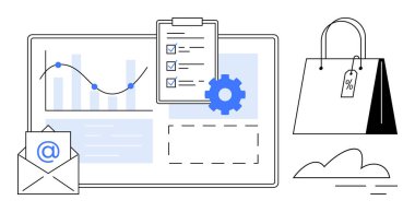 Analizli çizelge, ayarlar için teçhizat, e-posta zarfı, kontrol listesi panosu ve etiketli alışveriş çantası. İş stratejisi, e-ticaret, üretkenlik, pazarlama, veri yönetimi perakende satış için ideal