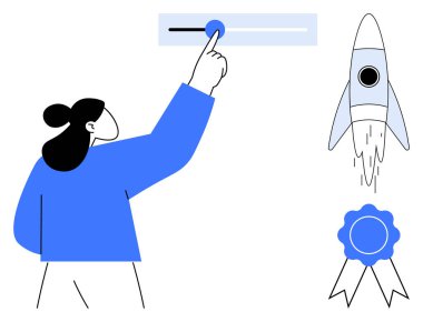 Kaydırma, gelişme ya da başarıyı işaret eden düzeyi ayarlayan kadın, yenilik için roket fırlatma ve başarı için rozet. Başarı, hedef belirleme, liderlik, büyüme ve yenilik için ideal
