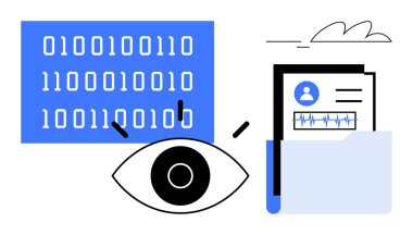 Kişisel profil ve veri koruma belgelerinin bulunduğu klasörün yanındaki ikili kodları analiz eden göz. Siber güvenlik, veri gizliliği, makine öğrenimi, dijital kimlik, izleme ve veri için ideal