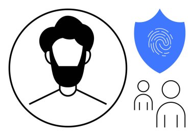 Minimalist kullanıcı avatarı kuşatılmış, parmak izi kalkanı güvenliği simgeliyor, stilize edilmiş bir grup insan. Kimlik güvenliği, kullanıcı kimlik denetimi, mahremiyet, veri koruması, erişim kontrolü, insan