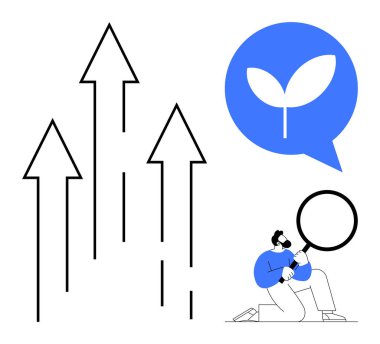 Yükselen oklar, sürdürülebilirliği vurgulayan bir konuşma balonunda bir bitki simgesi ile birlikte büyümeyi simgeler. Elinde büyüteç olan biri detayları araştırır. İş, analiz ve sürdürülebilirlik için ideal