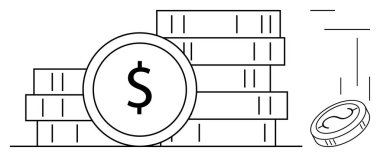 Dolar işaretli ve düşen madeni paralar yığılmış. Finans, servet, tasarruf, yatırım, ekonomi, ticaret, nakit akışı. İş için ideal, bankacılık bütçesi gelir sade düz metafor
