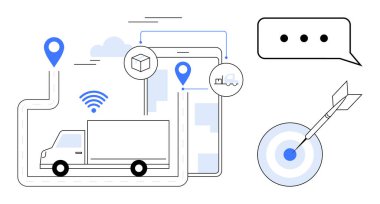 Teslimat güzergahında kamyon, GPS işaretleyicileri, takip için akıllı telefon, kablosuz bağlantı, paket simgeleri, dağıtım hedefi, iletişim balonu. Lojistik ve dağıtım teknolojisi verimliliği için ideal.