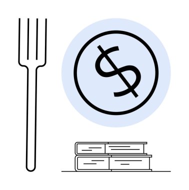 Çatal, kitap yığını, maviyle çevrili dolar işareti. Gıda güvenliği, eğitim maliyetleri, bütçe, tasarruf, finansal okur-yazarlık, yatırımlar için idealdir. Basit düz metafor