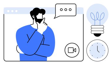 Sohbet baloncuğuyla sanal toplantı sırasında düşünen adam, fikirler için ampul ve zaman için saat. Uzak çalışma, beyin fırtınası, yaratıcılık, zaman yönetimi, iletişim, teknoloji için ideal