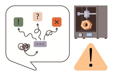 Karışık çizgiler ve sembollerle konuşma balonu, 3 boyutlu yazıcı nesne üretiyor, uyarı üçgeni. Yenilik, sorun giderme, karar verme, teknoloji, tasarım sorunları için ideal. Basit.