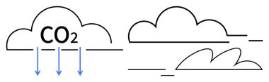 Karbondioksitli bulutlar, karbon salınımını sembolize eden aşağıya doğru oklar ve soyut bulut temsilleri. Çevre, sürdürülebilirlik, kirlilik, iklim değişikliği, ekosistem, sera gazı için ideal