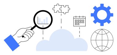 Harita, bulmaca parçası, takvim, dişli, küre ile el ele tutuşan büyüteç. Teknoloji, veri yönetimi, bulut hesaplama, işbirliği organizasyon problem çözme araçları için ideal