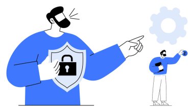 Adam kalkanı kilitli tutuyor, ileri teçhizat doğrultuyor ve teknolojik cihaz ile daha küçük bir figür. Siber güvenlik, gizlilik, teknoloji, dijital güvenlik, veri koruması, sistem güvenliği için ideal