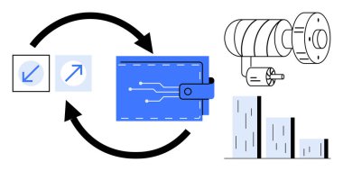Veri simgeleri ve dijital cüzdan bağlayan oklar, mekanik otomasyon teçhizatı ve bar tablosu büyümeyi gösteriyor. Fintech, otomasyon, dijital ödeme, veri akışı, yenilik, ölçeklenebilirlik için ideal