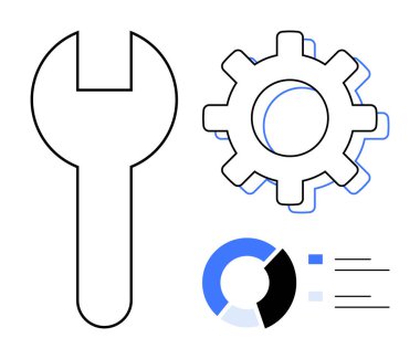 Anahtar, dişli, pasta grafiği ve veri çizgileri araçları, ayarları, analizleri, onarımı ve optimizasyonu gösteriyor. Bakım mühendisliği geliştirme teknolojisi planlama iş akışı yönetimi için ideal