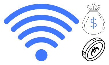 Kablosuz sinyal para çantası ve maddi kazancı temsil eden madeni paranın yanında bağlantıyı sembolize ediyor. Fintech, çevrimiçi kazanç, dijital ekonomi, yenilik, tasarruf, kablosuz finans, basit
