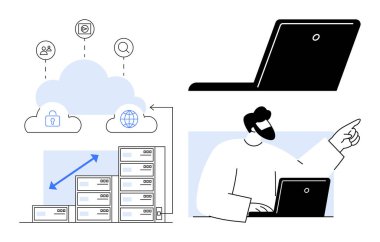 Bulut depolama, veri sunucuları, dizüstü bilgisayar kullanımı, ağ simgeleri, kişi yönetimi verileri. Bulut hesaplama, depolama, iş teknolojisi yeniliği dijital büyüme basitliği için idealdir. Basit düz metafor