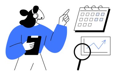 Kulaklık takan kadın, işaretli tarihli takvimi gösterirken, analitik çizelge ve büyüteçle birlikte pano tutuyor. Zaman yönetimi, planlama, üretkenlik ve iş için ideal