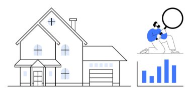 Geniş bir ev, büyüteçle detaylara bakan biri, istatistikleri temsil eden bir bar çizelgesi. Gayrimenkul, emlak değerlendirmesi, piyasa eğilimleri, teftiş, analitik ve planlama için ideal