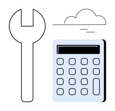 Hesap makinesinin yanında ince çizgileri olan bir bulutun altında büyük bir anahtar. Mühendislik, teknoloji, bulut hesaplama, problem çözme, veri analizi, bakım, alet çantası için ideal. Basit düz metafor