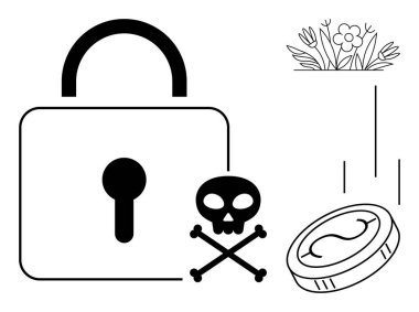 Kafatası ve çapraz kemikli büyük asma kilit, yukarısı çiçek ve aşağısı bozuk para. Finans, siber güvenlik, risk, hırsızlık, uyarı, şifreleme güvenlik sistemleri için idealdir. Basit düz metafor