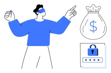 VR gözlüklü bir adam elinde bozuk para, üzerinde dolar işareti olan bir çanta ve finansal güvenliği simgeleyen bir şifre kilidi tutuyor. Finans, siber güvenlik, dijital ödemeler, fintech, mahremiyet, sanal ekonomi için ideal modern