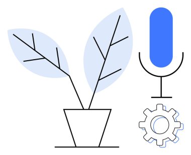 Mikrofon ve teçhizatın yanında soyut yaprakları olan saksı bitkisi. Sürdürülebilirlik, yenilik, teknoloji, bilim, işbirliği, yaratıcılık ve iletişim için ideal. Temiz, düz metafor