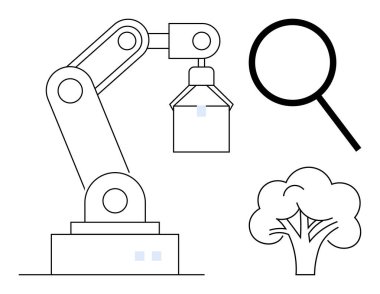 Robot kol sürükleyici nesne, analiz için büyüteç, doğayı sembolize eden ağaç. Yenilik, teknoloji, yapay zeka, kesinlik, araştırma ekolojik bilinç otomasyonu için idealdir. Minimalist düz metafor