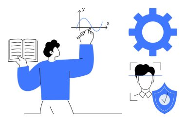 Veri grafiğinde okuma ve yazma, işlem için vites sembolü ve kalkan ile biyometrik kimlik. Eğitim, veri analizi, kimlik doğrulama, araştırma, teknoloji, yenilik için ideal basit