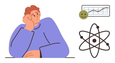 Atom diyagramı, büyüme grafiği ve gülümseme ikonu ile derin düşüncelere dalmak, basit bir dairede yansımayı, merakı, yeniliği, eğitimi, kendini geliştirmeyi, bilgiyi ve pozitif büyümeyi temsil eder.