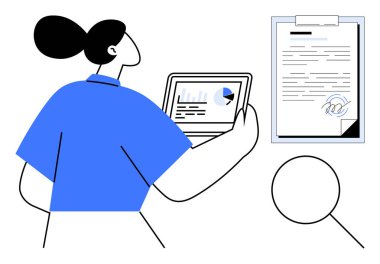 Tabletteki verilere pasta grafiğiyle bakan bir kadın. Duvara yapıştırılmış bir pano, imzalı bir belge, büyüteç. Analiz, araştırma, iş, inceleme, odaklanma stratejisi araştırması için ideal. Basit.