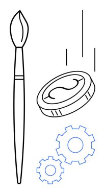 Fırça sanatı simgeler, para değeri yansıtır, ve dişliler gelişimi temsil eder. Yenilik, tasarım, yaratıcılık, finans, girişimcilik takım çalışması verimliliği için idealdir. Minimalist düz metafor
