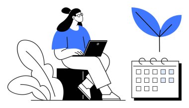 Dizüstü bilgisayarlı bir kadın, yaprak filizi büyümeyi simgeliyor, takvimi takvimle düzenliyor. Üretim, büyüme, planlama, sürdürülebilirlik, zaman yönetimi, eğitim iş-yaşam dengesi için ideal