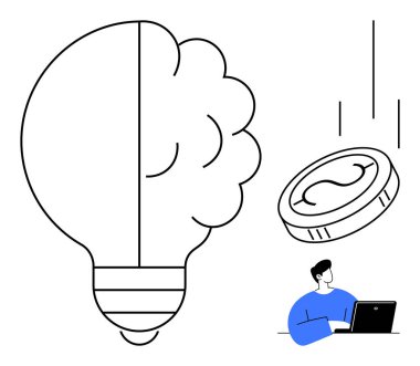 Yarı ampul ve yarı beyin yaratıcılığı simgeliyor, madeni para düşüşü karı simgeliyor, ve dizüstü bilgisayarı olan adam. Başarı, girişim, iş, beyin fırtınası, ödül, yenilik için ideal