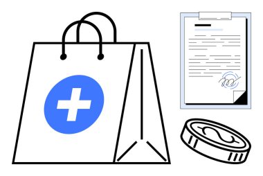 Alışveriş poşetinde mavi tıbbi haç, bir dolarlık bozuk para, imzalı belge. Sağlık, eczane, sigorta, ödeme, tıbbi yardım derneği finansal planlaması için ideal. Net ve basit düz metafor