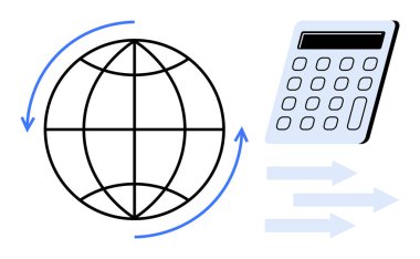 Küresel etkileşimi sembolize eden dairesel okları olan dünya, veri transferini temsil eden bir hesap makinesi ve okların yanında. Finans, teknoloji, iletişim, küreselleşme, ticaret, yenilik için ideal
